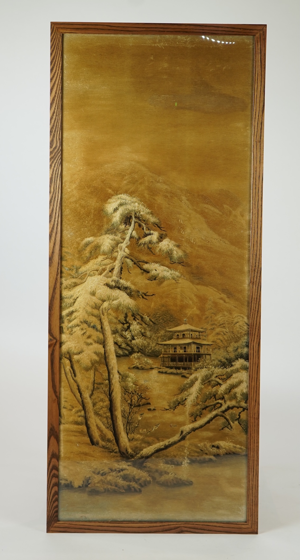 A Japanese embroidered silk picture of Kinkaku-ji, 'Temple of the Golden Pavilion' in Kyoto, Meiji period (1868-1912)